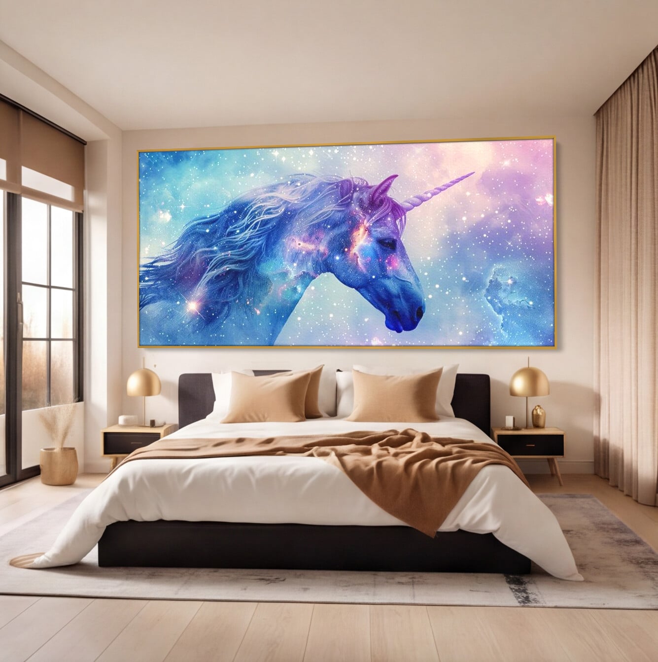 Tablou canvas cu tablou canvas cu unicorn cosmic in galaxie, in rama de aluminiu auriu, pe perete intr-un dormitor